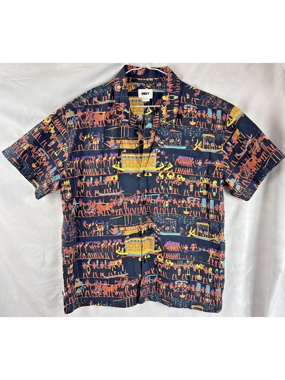Obey Short Sleeve 100% Cotton Shirt Large L Egyptian Pattern Black